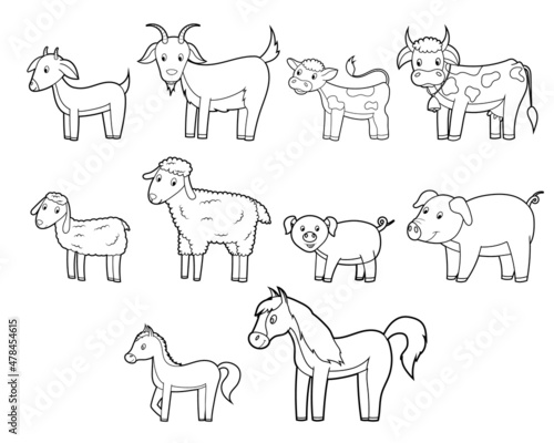 Fototapeta Naklejka Na Ścianę i Meble -  Coloring book for children, a set of farm animals. Vector isolated on a white background.