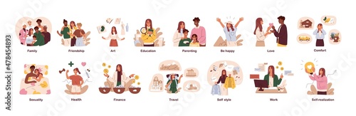 Basic human needs and essentials. Psychology concept of life areas development. Happy people, their pleasures and self-realization in work, love. Flat vector illustration isolated on white background