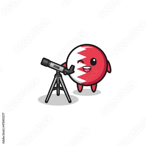 bahrain flag astronomer mascot with a modern telescope