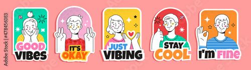 Hand drawn flat design trendy cartoon badges and labels with funny people.