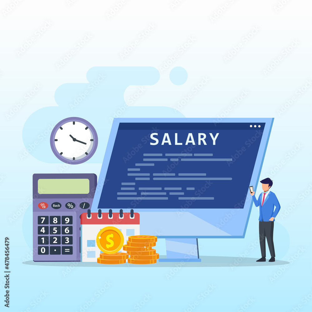 Salary vector concept. Male worker looking at his salary on handphone while standing with computer , calendar, and stack of coins. Flat vector template style Suitable for Web Landing Pages. Salary vector concept. Male worker looking at his salary on handphone while standing with computer , calendar, and stack of coins. Flat vector template style Suitable for Web Landing Pages.