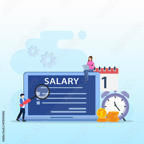 Salary vector concept: Male worker and female looking at his salary on laptop while standing with calendar,  and stack of coins. Flat vector template style Suitable for Web Landing Pages.
