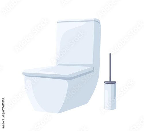 Ceramic toilet and brush stand. WC seat closed with lid. Water closet bowl with tank. Flush, clean sanitary unit. Lavatory, restrooms facility. Flat vector illustration isolated on white background