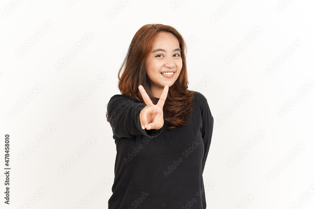 Showing Peace Sign Of Beautiful Asian Woman Wearing Black Shirt Isolated On White Background Showing Peace Sign Of Beautiful Asian Woman Wearing Black Shirt Isolated On White Background