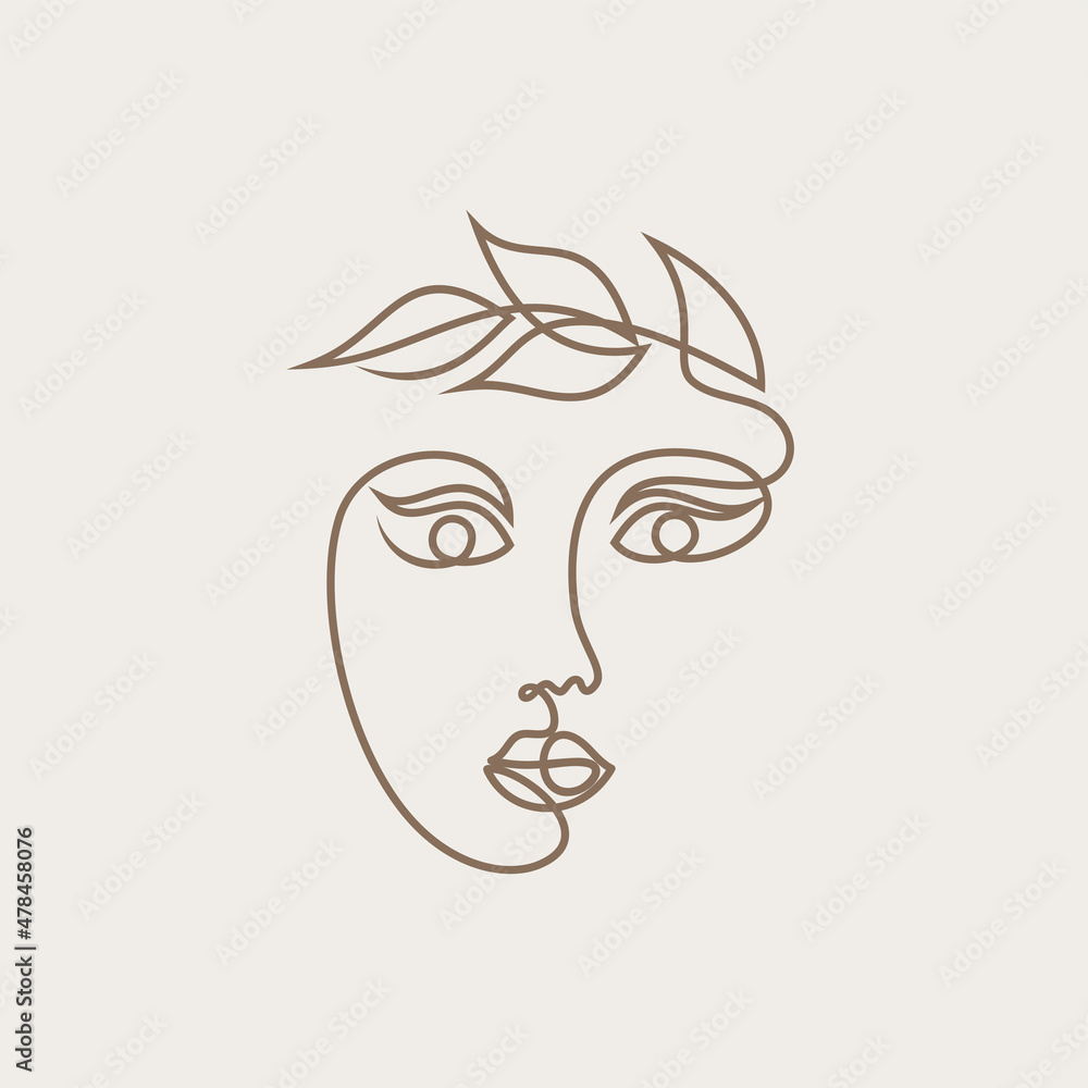 Elegant woman face in single line art style with flowers.Continuous ...
