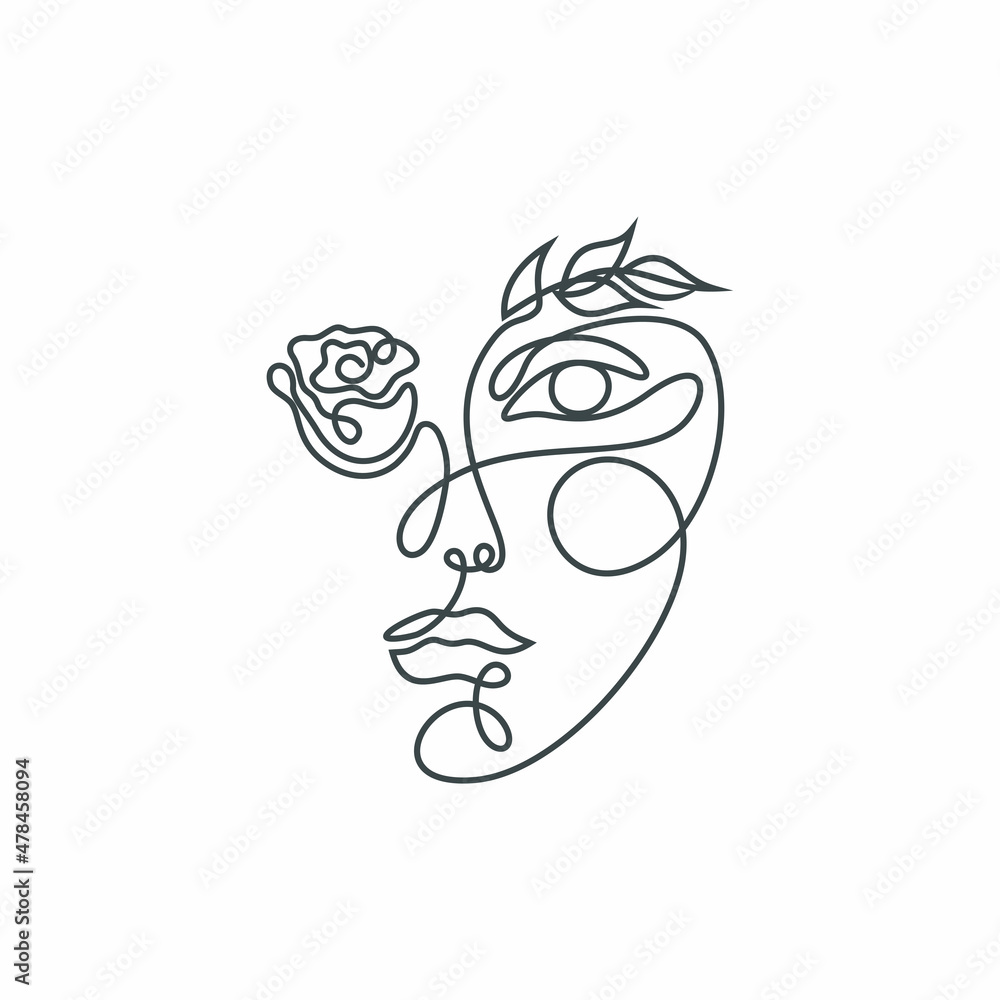 Elegant woman face in single line art style with flowers.Continuous ...