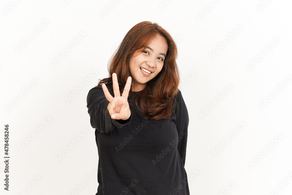Showing Three Finger Of Beautiful Asian Woman Wearing Black Shirt Isolated On White Background Showing Three Finger Of Beautiful Asian Woman Wearing Black Shirt Isolated On White Background