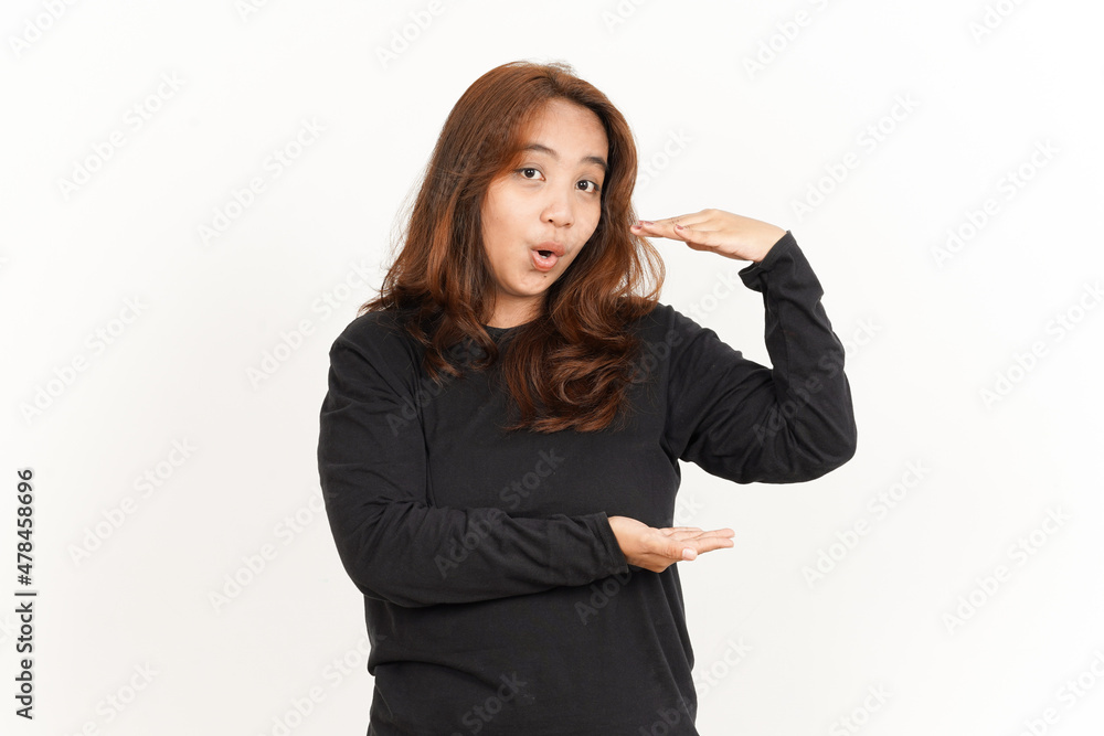 Presenting and Holding Big Product Of Beautiful Asian Woman Wearing Black Shirt Isolated On White Presenting and Holding Big Product Of Beautiful Asian Woman Wearing Black Shirt Isolated On White