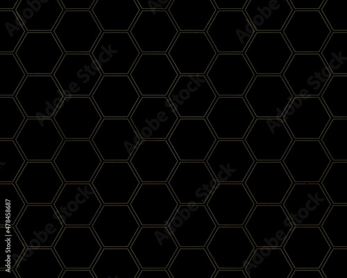 Golden hexagon shapes, honeycomb pattern, gold texture on black background. Backdrop for banner, invitation or greeting cards, montage, copy space.