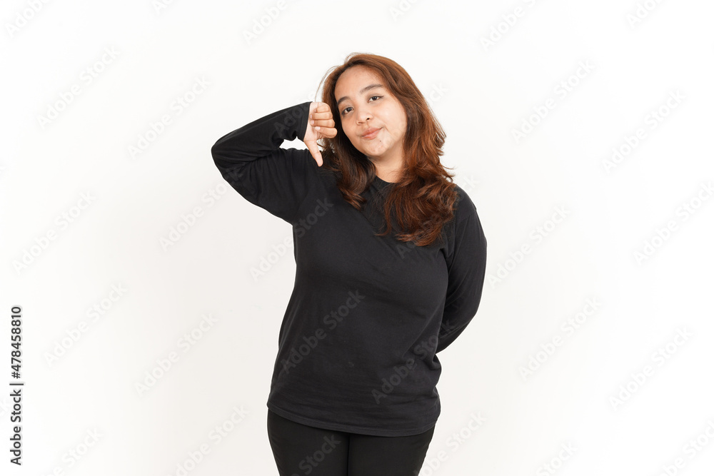 Showing Thumbs Down Of Beautiful Asian Woman Wearing Black Shirt Isolated On White Background Showing Thumbs Down Of Beautiful Asian Woman Wearing Black Shirt Isolated On White Background