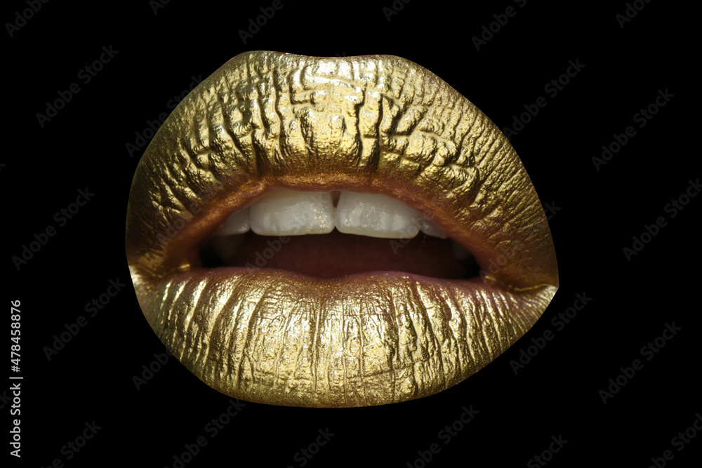 Sensual forms of woman lips. Luxury gold lips make-up. Golden lips with golden lipstick. Gold paint on lips of sexy girl. Sensual woman mouth, isolated background. Sensual forms of woman lips. Luxury gold lips make-up. Golden lips with golden lipstick. Gold paint on lips of sexy girl. Sensual woman mouth, isolated background.