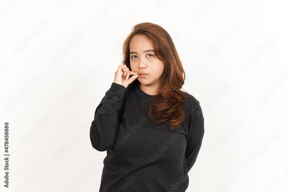 Shh Be Quiet Of Beautiful Asian Woman Wearing Black Shirt Isolated On White Background Shh Be Quiet Of Beautiful Asian Woman Wearing Black Shirt Isolated On White Background