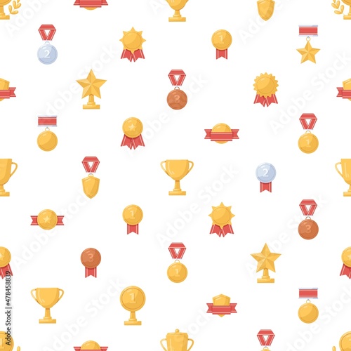 Seamless medals and winner cups pattern. Endless background with gold sports trophies, prizes and awards print. Repeating backdrop with golden, silver, bronze rewards. Colored flat vector illustration