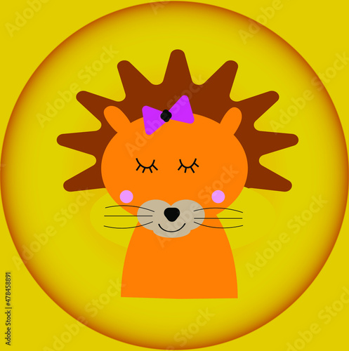 Illustration drawing of a cute lion, animation character, with female features, with ribbon, for use in animations, on yellon background. Vector cartoon and comic book characters. photo