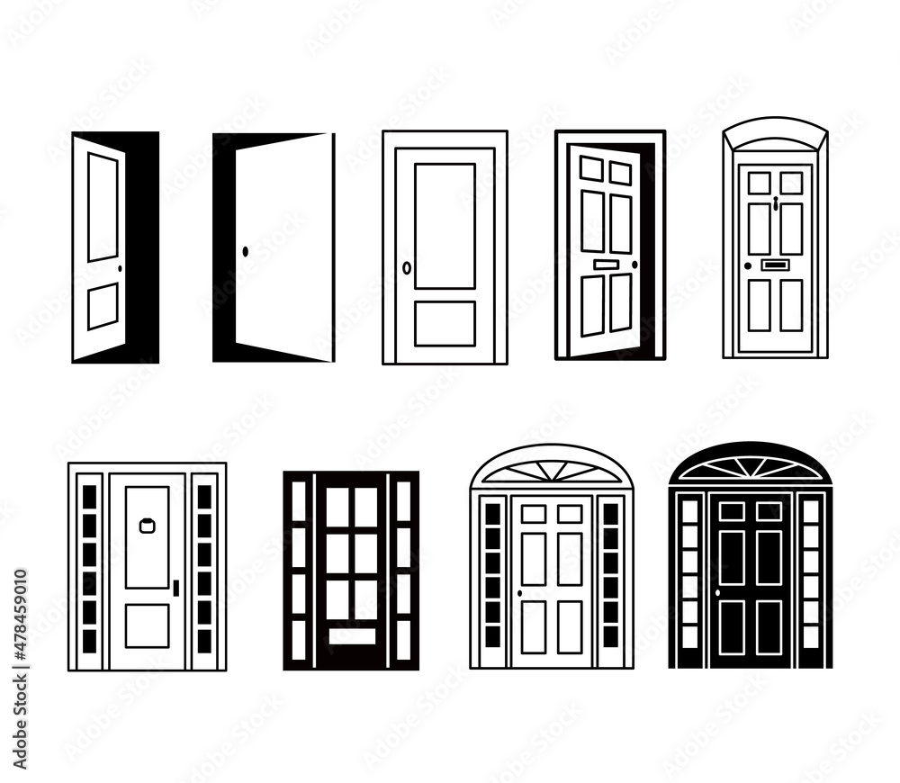Different doors icons collection. Open and closed silhouette of door to house isolated on white background. Vector entrance in outline style.