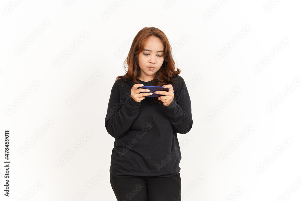 Playing Mobile Game On Smartphone Of Beautiful Asian Woman Wearing Black Shirt Isolated On White Playing Mobile Game On Smartphone Of Beautiful Asian Woman Wearing Black Shirt Isolated On White