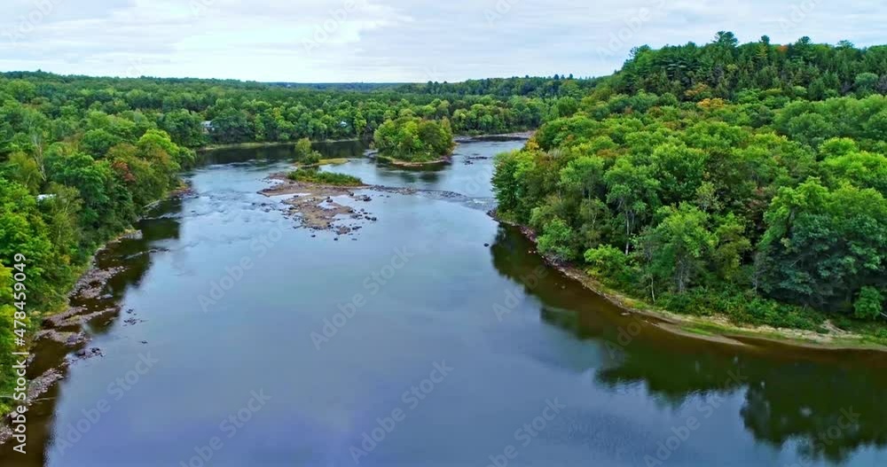 Aerial drone crane shot view over the Batiscan river at a high angle view Aerial drone crane shot view over the Batiscan river at a high angle view