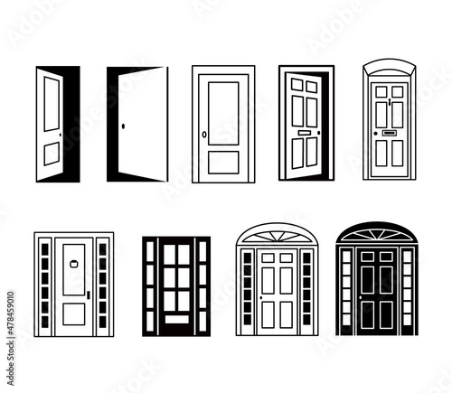 Different doors icons collection. Open and closed silhouette of door to house isolated on white background. Vector entrance in outline style.