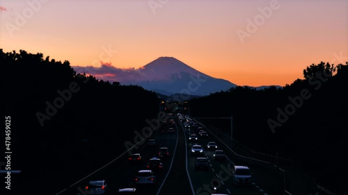 silhouette of mt.fuji at dusk in chigasaki city on the road, kanagawa prefecture.
 photo