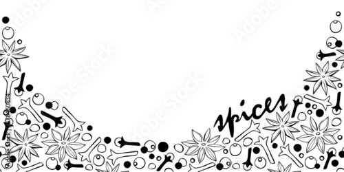 Vector background with border of spice, seasonings are scattered on the bottom edge. Backdrop, border, decor with star anise, carnation, pepper. Template for menu, recipes