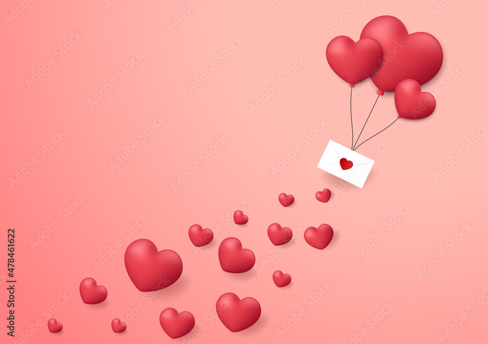 Valentine's poster design. Valentine's day illustration. Heart balloon 3d vector. Paper style realistic valentines day card.
