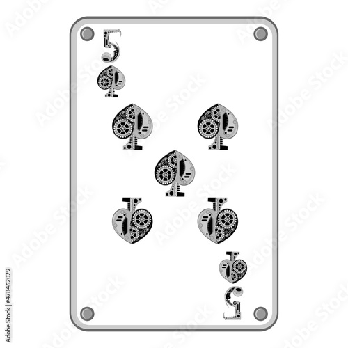 Five of spades in the style of mechanical steampunk. Vector illustration.