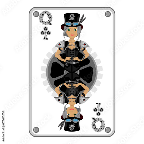 The Queen of clubs card in steampunk style. Vector illustration of board games.