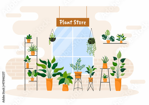 Flowers Store and Plants Shop with Florists Care, Organic Natural Products for Home Garden Green Decoration in Flat Background Vector Illustration