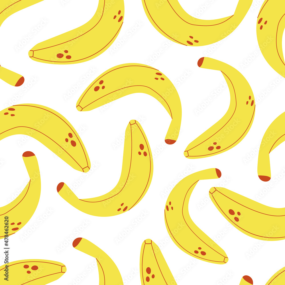 Hand drawn seamless pattern of bananas. Flat modern print.