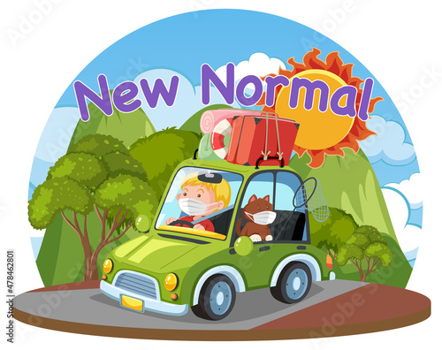 New normal logo with tourist on roadtrip
