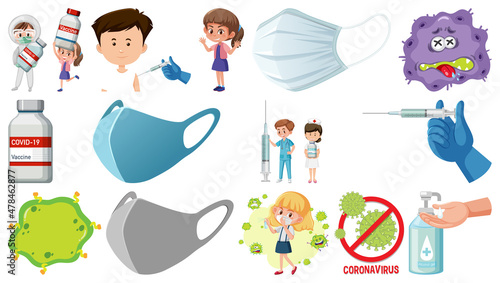 Cartoon character and Coronavirus vaccination isolated objects