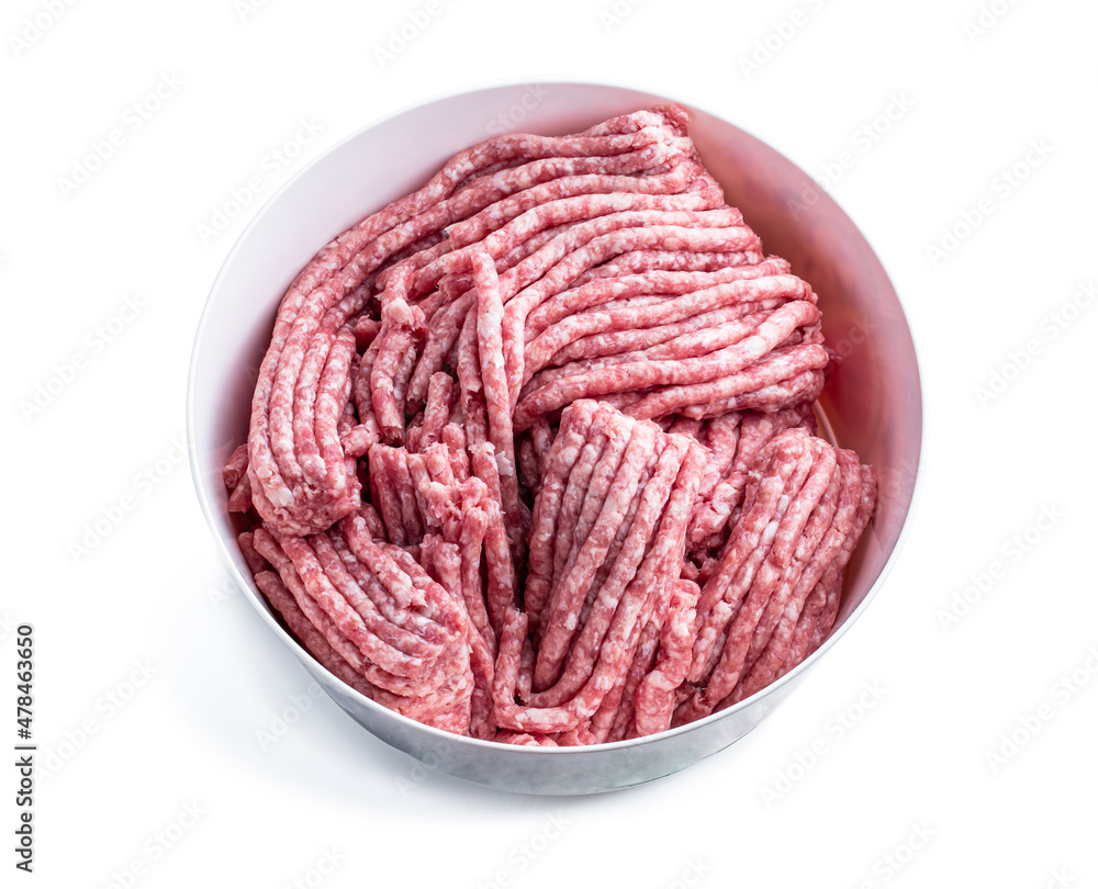 Pork and beef mince in plastic bowl isolated on white Pork and beef mince in plastic bowl isolated on white