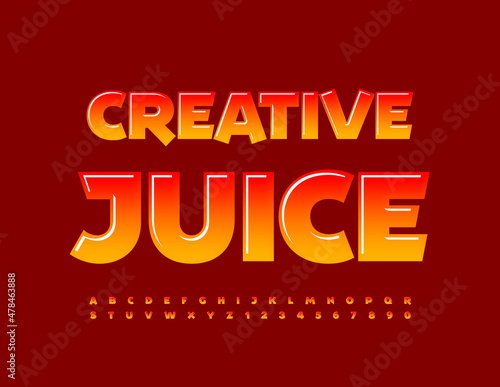 Vector bright Emblem Creative Juice. Trendy Glossy Font. Orange Alphabet Letters and Numbers