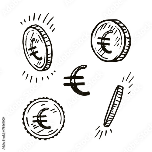 A set of hand-drawn sketches of coins with the euro sign.