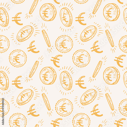 Seamless pattern with hand-drawn sketches of coins with euro sign.