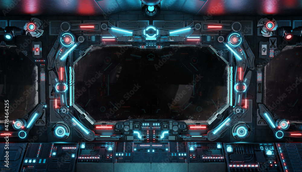 Fototapeta premium Dark spaceship interior with isolated window. Futuristic spacecraft with glowing blue and red control panels and empty view. 3D rendering