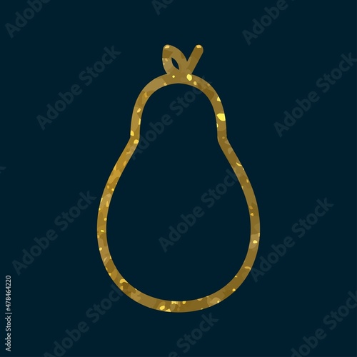 Golden Pear Badge . Graphic outline drawing. Golden pear on dark background. Outline drawing. Sketch. Used in web design for printing.