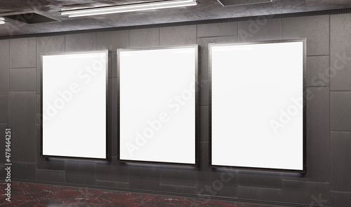 Fotografie, Obraz Three blank billboards on underground subway wall Mockup