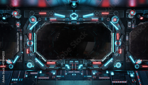 Fototapeta Naklejka Na Ścianę i Meble -  Dark spaceship interior with isolated window. Futuristic spacecraft with glowing blue and red control panels and empty view. 3D rendering