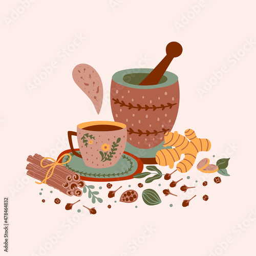 Spicy tea illustration. Hot flavored spiced tea party print. Cartoon cinnamon, ginger, black paper, cardamon, clove. Cup mortar, pestle masala tea vector card Chai tea print.