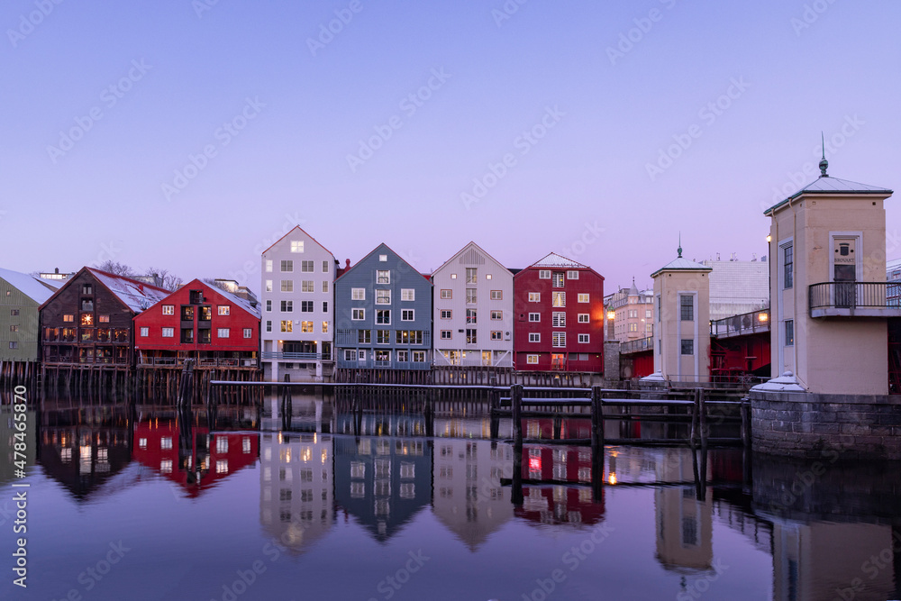 Winter and cold in the city by the Nidelven - old warehouses - Trondheim,Trøndelag,Norway,scandinavia,Europe	