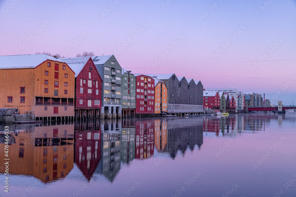 Winter and cold in the city by the Nidelven - old warehouses -Trondheim,Trøndelag,Norway,scandinavia,Europe	