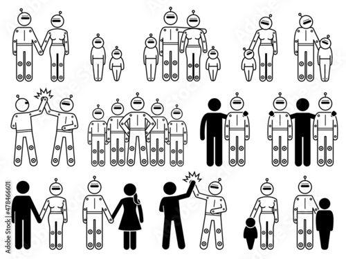 Robot android humanoid family and human. Vector illustrations of robot couple, family, friends, group, team, relationship, and cyborg parent.