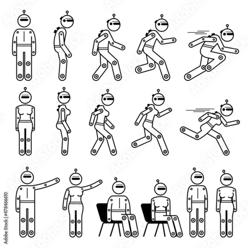 Robot humanoid robotic cyborg human male and female basic poses and actions. Vector illustrations of robot humanoid man and woman character standing, walking, running, talking, sitting, and standing.