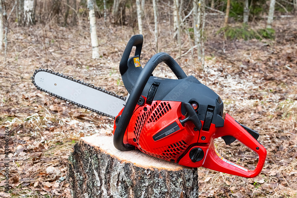 Hand gasoline chainsaw on a trimmed tree trunk. Professional working tool for trimming trees.