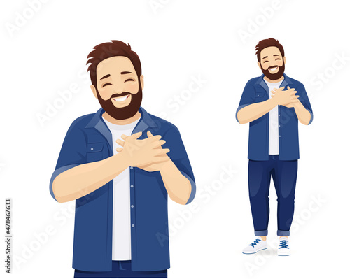 Happy young bearded handsome man smiling with hands on chest standing. Love concept isolated vector illustration