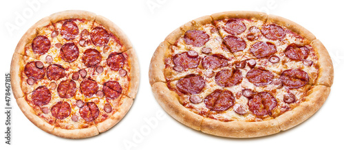 Delicious pizza with mozzarella, salami, sausages and tomato sauce, isolated on white background