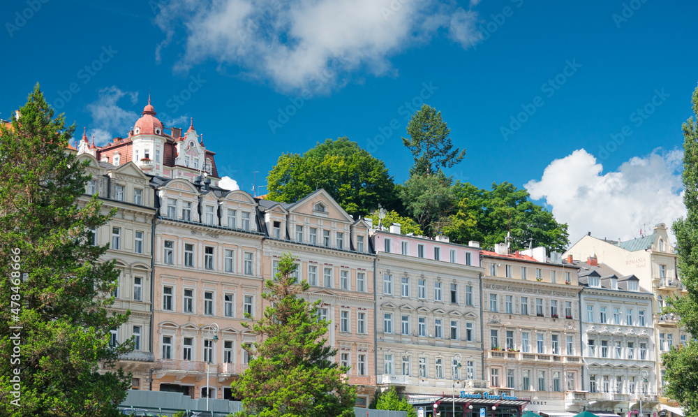 Travel to Karlovy Vary from Czech Republic, 2021. View to the beautiful landmarks architecture old buildings of this city in a beautiful sunny day. 