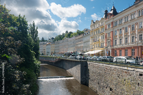 Travel to Karlovy Vary from Czech Republic, 2021. View to the beautiful landmarks architecture old buildings of this city in a beautiful sunny day. 