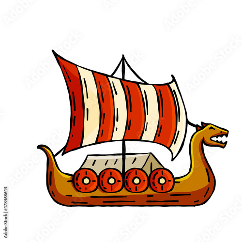 Drakkar Viking ship. Medieval military boat with sails and shields.